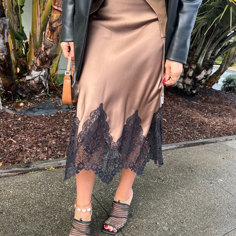 Zara Brown Midi Skirt with Black Lace